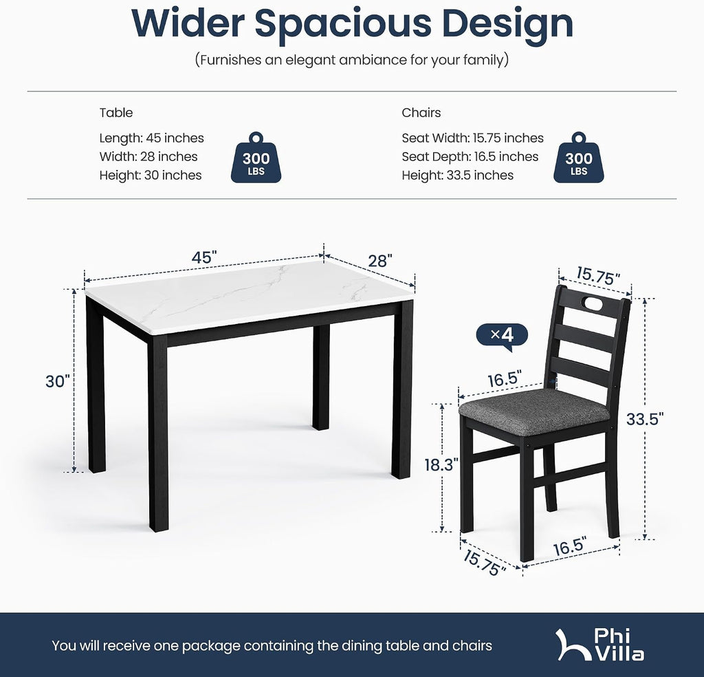 PHI VILLA Solid Wood Dining Table Set for 4, Marble Design Kitchen Table Chairs Set of 4, 5 Piece Space-Saving Dining Room Table Set for Apartment, Venatino White Marble& Black