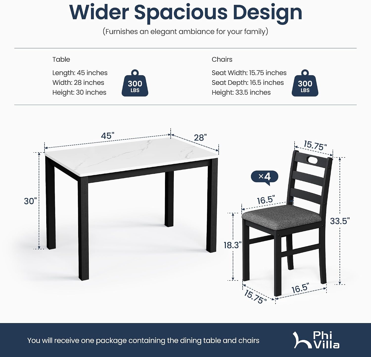 PHI VILLA Solid Wood Dining Table Set for 4, Marble Design Kitchen Table Chairs Set of 4, 5 Piece Space-Saving Dining Room Table Set for Apartment, Venatino White Marble& Black