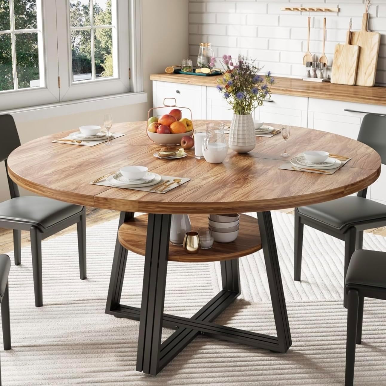 GarveeHome Round Dining Table for 4-6, 47.2 in Farmhouse Kitchen Table with Storage, Circle Dinner Tables for Kitchen, Dining Room, Living Room, Meeting Room, Apartment, Retro (Only Table)