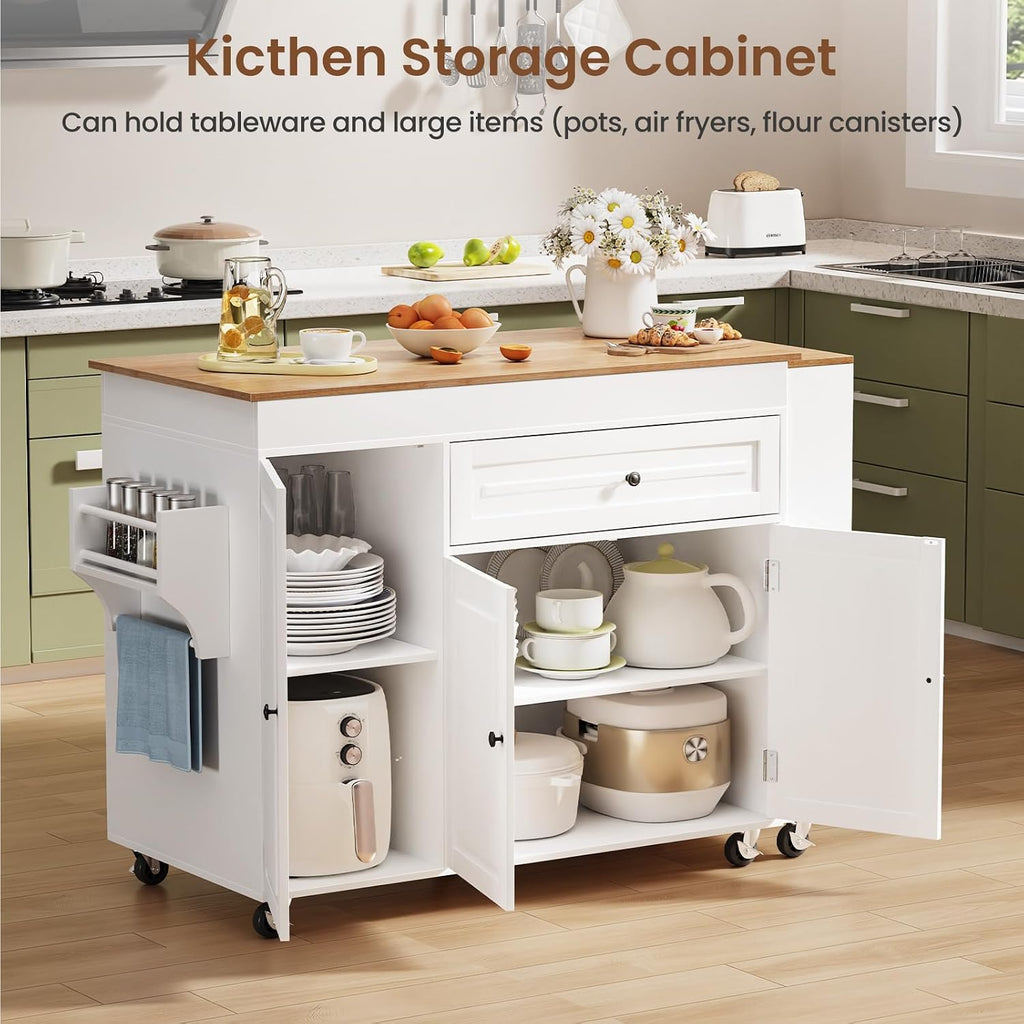 83' Expandable Kitchen Island on Wheels with Storage & Dining Table, Mobile Kitchen Cart with Cabinet, 3 Shelves & Drawers, Black (Extends from 48.4' to 82.6') (White)