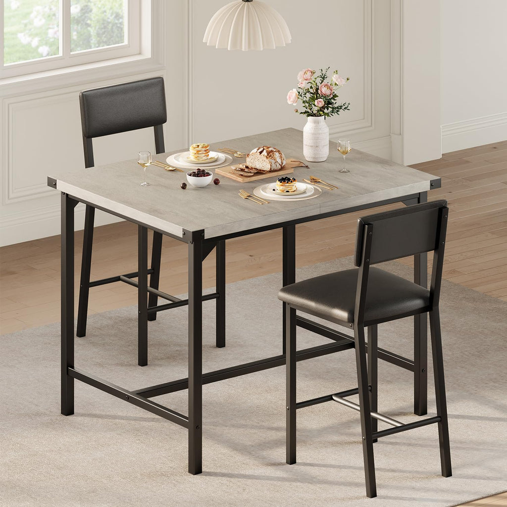 GarveeHome Dining Table Set for 2 w/Corner Protecto, Dining Room Table Set with Footrest & Backrest, Counter Height Table with 2 Upholstered Bar Stools, for Apartment, Pub, Rustic Gray
