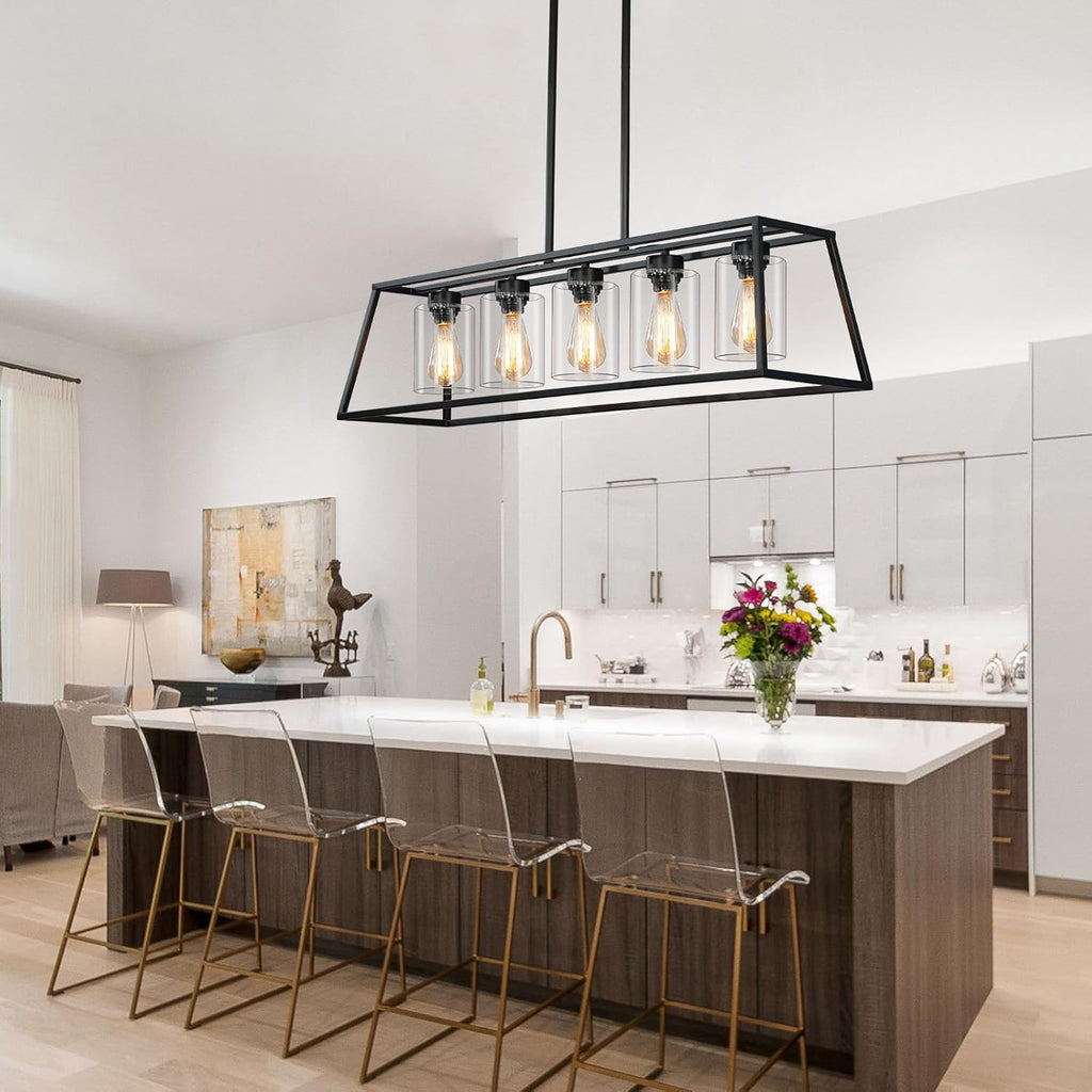 Kitchen Island Lighting,5-Light Black Chandeliers for Dining Room Light Fixtures Over Table, Farmhouse Rectangle Chandelier Island Lights for Kitchen with Cylinder Clear Glass