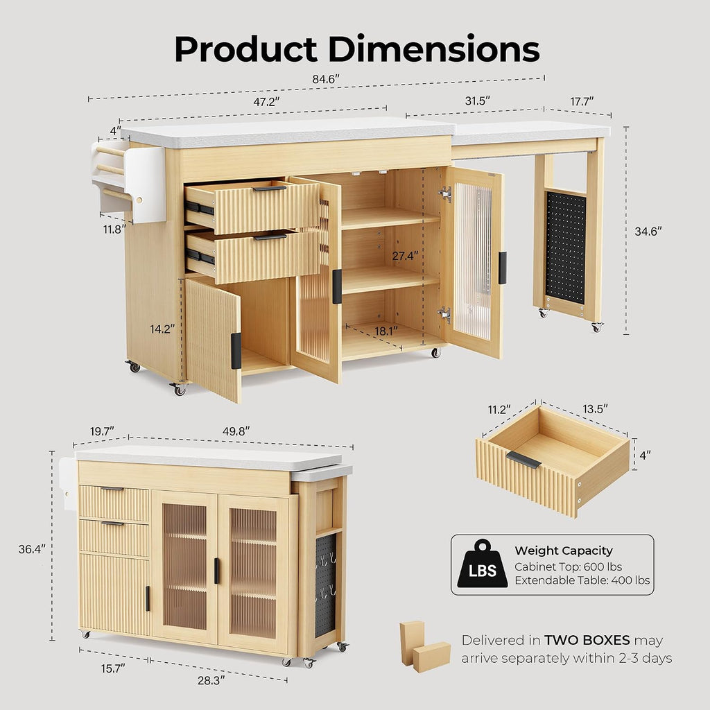 IRONCK 78.7' Kitchen Island with Extendable Dining Table, Rolling Kitchen Cart on Wheels with Quartz Laminate Top, Storage Cabinet, Spice Rack, Shelf & Drawer for Dining Room (Oak)