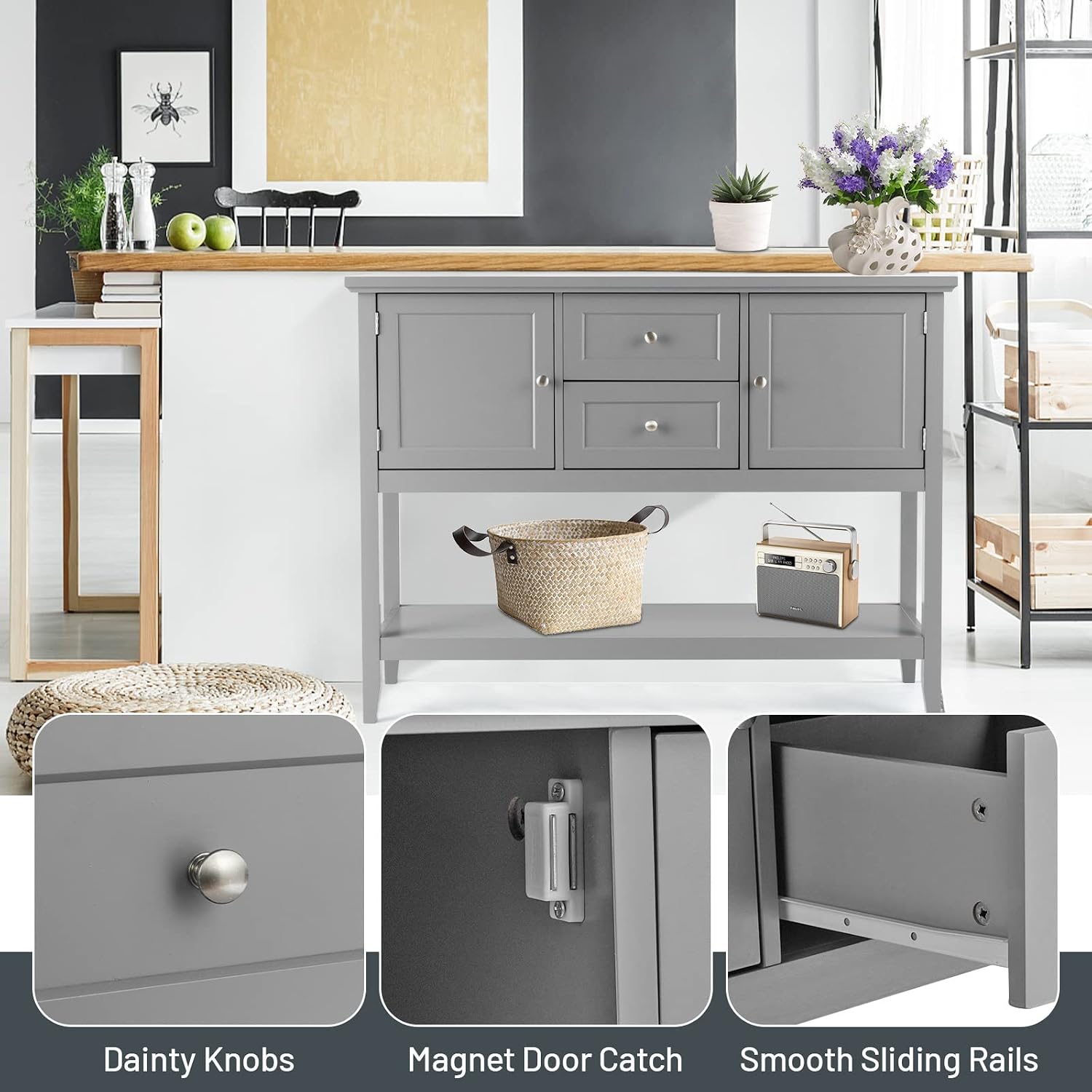 COSTWAY Buffet Sideboard, with 2 Wood Storage Drawers & Open Shelf, Console Table for Living Room Kitchen Dining Room Furniture (Grey)