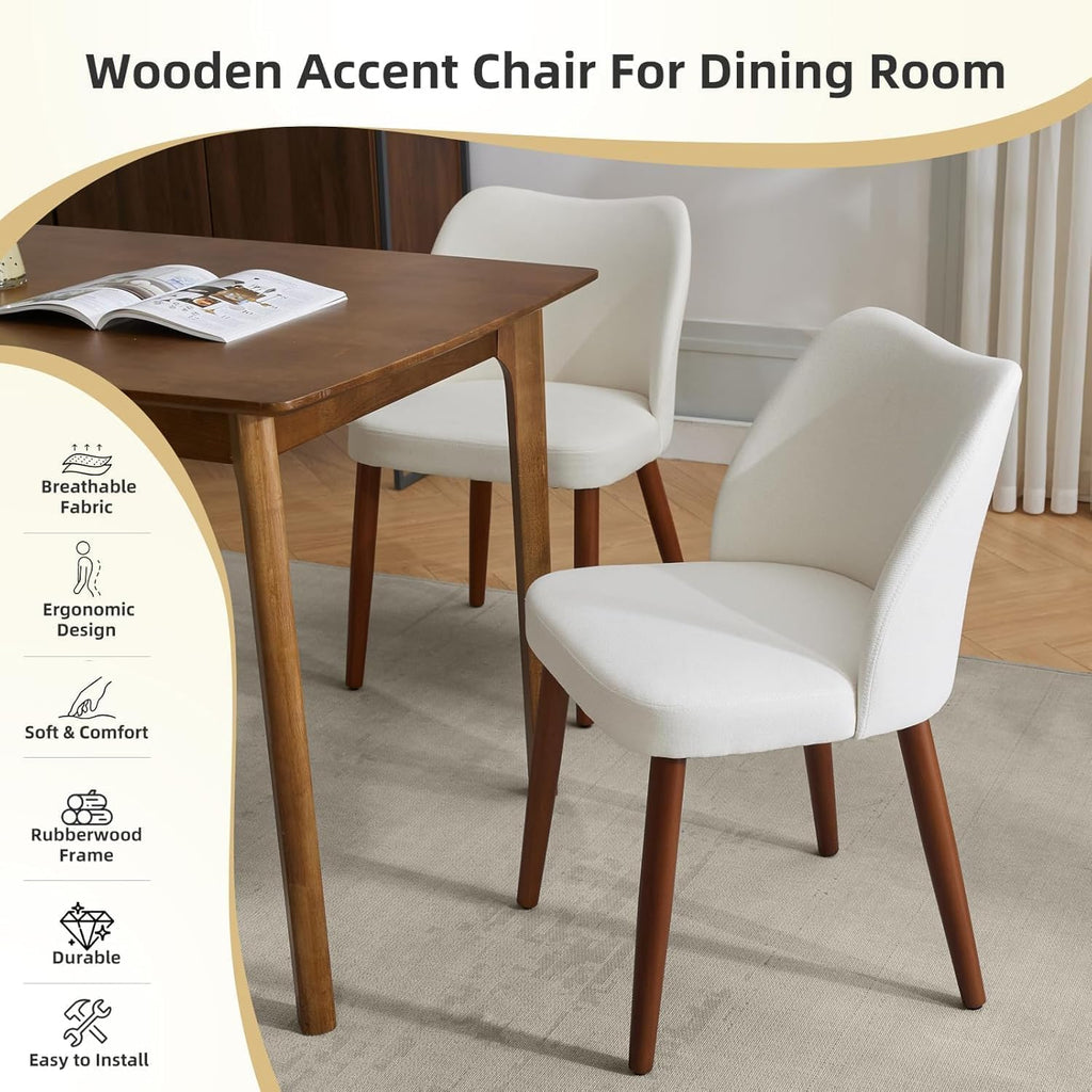 Wooden Dining Chairs Set of 4,Farmhouse Kitchen Chairs with Curved Back,Modern Fabric Upholstered Chairs for Dining Room, Cream