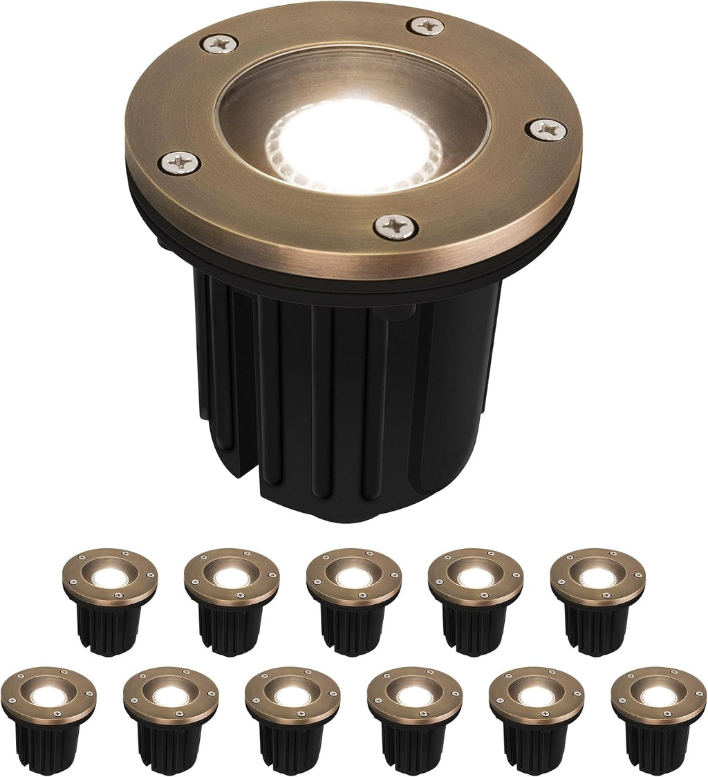 GKOLED 12V LED Brass Well Lights, In Ground Light Outdoor with MR16 Bulb and Swival Base, Low Voltage Landscape Lighting, 5W 410LM 2700K, IP67 Waterproof Up Light for Garden, Open Top, 12 Pack