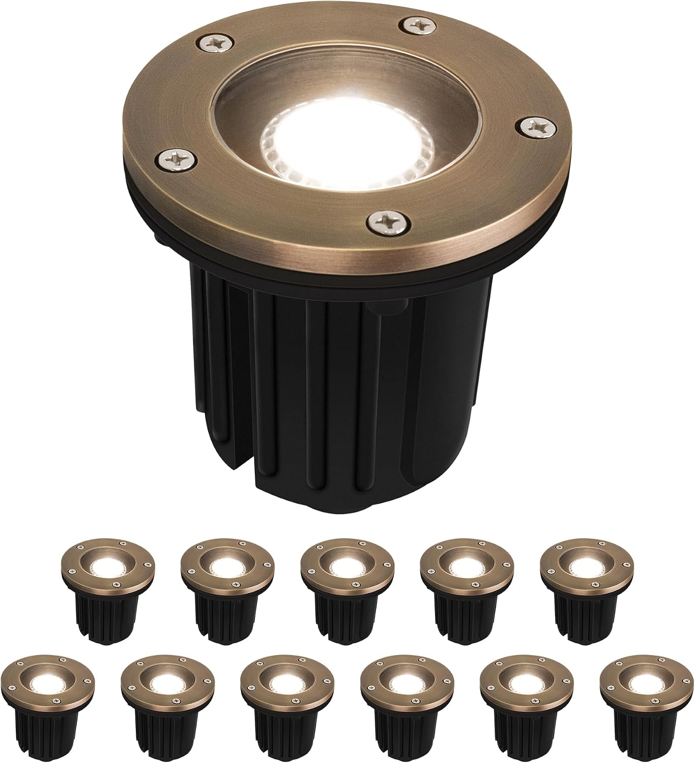 GKOLED 12V LED Brass Well Lights, In Ground Light Outdoor with MR16 Bulb and Swival Base, Low Voltage Landscape Lighting, 5W 410LM 2700K, IP67 Waterproof Up Light for Garden, Open Top, 12 Pack