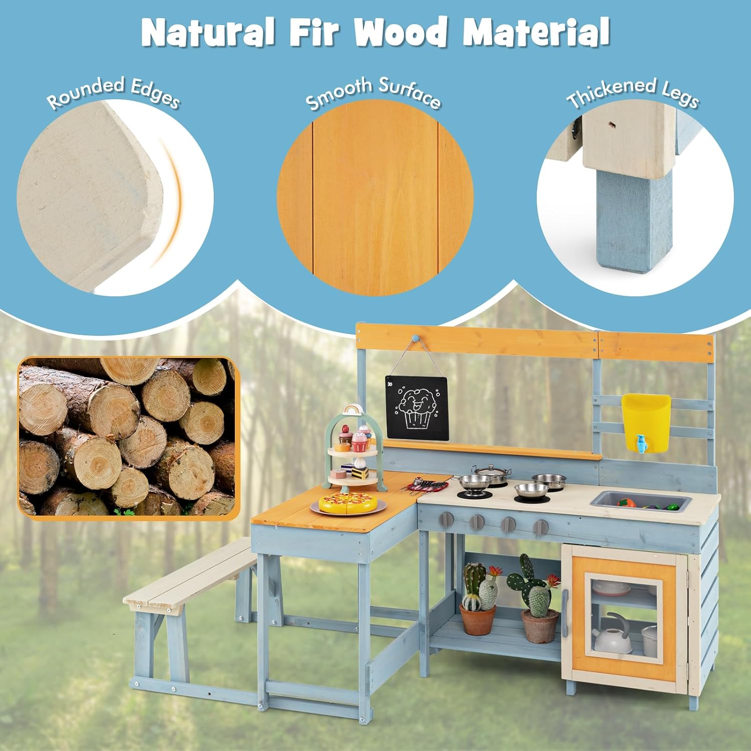 Costzon 2-in-1 Mud Kitchen & Kids Picnic Table, Fir Wood Kids Kitchen Playset with Seat, Wooden Tea Party Set, Cooking Accessories, Blackboard, Outdoor Play Kitchen, Gift for Girls Boys Ages 3+