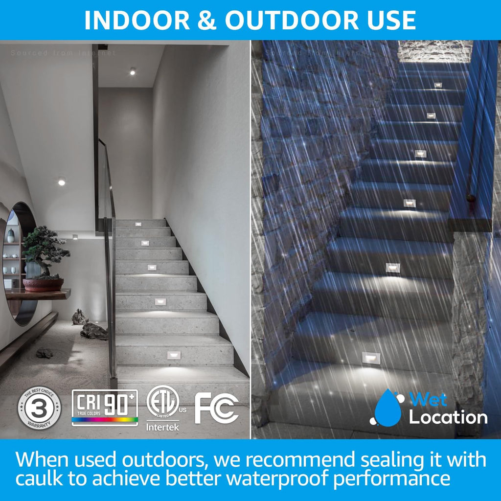 LEONLITE 12-Pack 5CCT 120V LED Step Lights, 3.5W 5%-100% Dimmable Stair Lights Indoor Outdoor Wet Location, CRI90, ETL, Aluminum, 150LM, Horizontal, 2700K/3000K/3500K/4000K/5000K, White