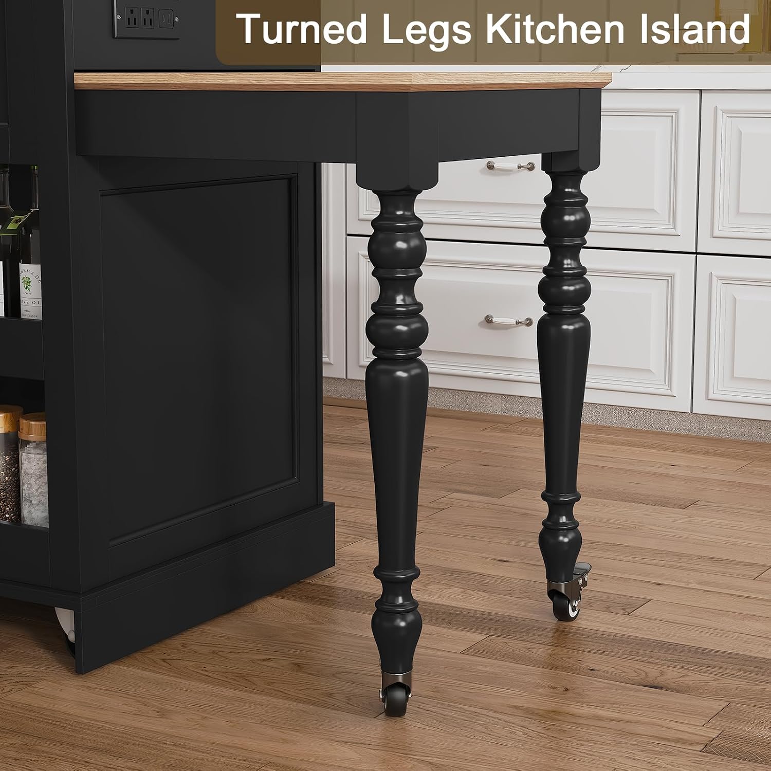 HLR 72' Kitchen Island with Extendable Table for 2-4, Island Table for Kitchen with Power Outlet and Storage Slide Out Legs, Rolling Islands Cart with 2 Doors (Black)