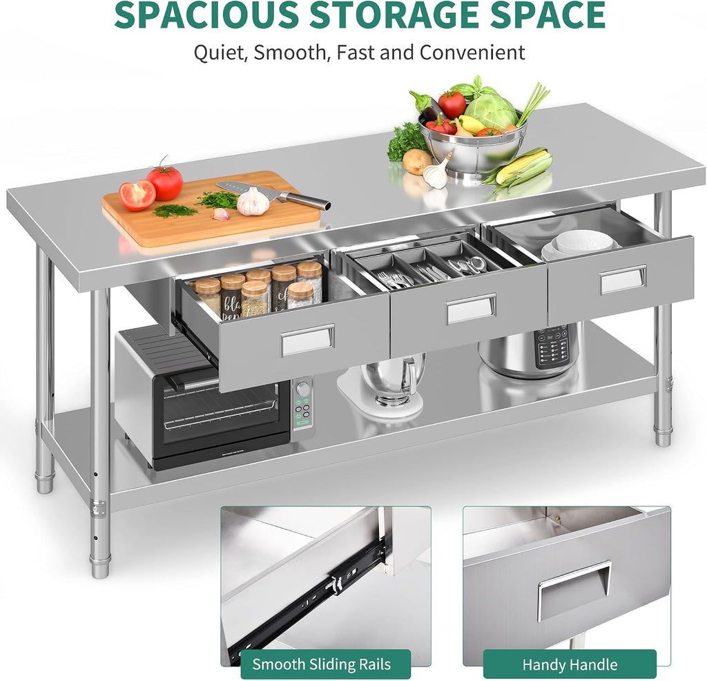 YITAHOME 72' X 24' Stainless Steel Table with 3 Drawers, NSF Work Table with Drawer, Metal Table Prep Table for Home Kitchen Restaurant Garage Warehouse