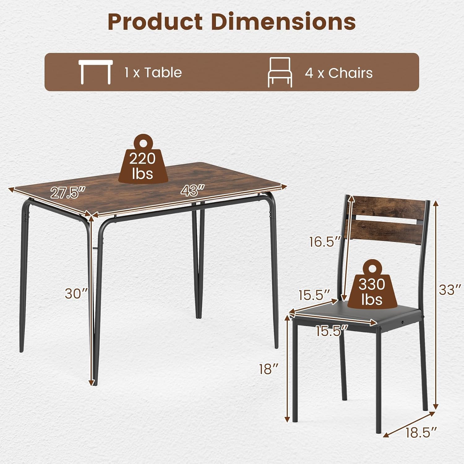 Giantex 5-Piece Dining Table Set for 4, 43-Inches Rectangular Kitchen Table & 4 Armless Chairs with Upholstered Seat, Metal Frame, Space-Saving Dinette Set for Living Room (Rustic Brown+Black)