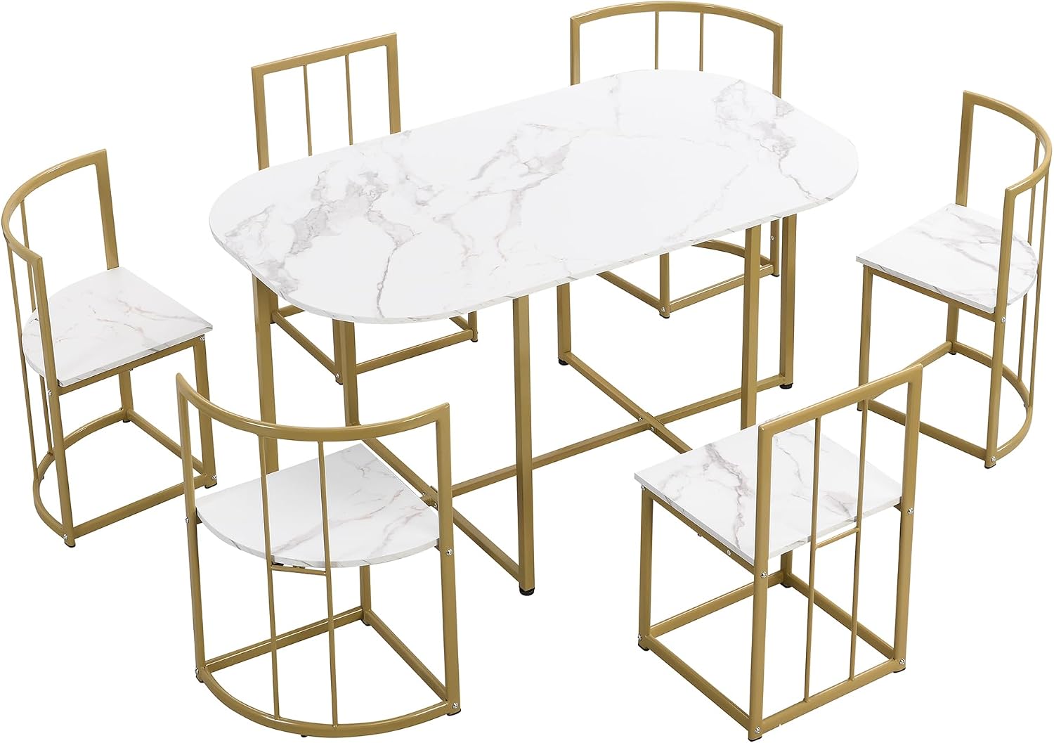 Metal 7 Piece Kitchen Dining Table Set with Chairs for Saving Space Metal Dining Room Table Set for 6 Persons, Golden White