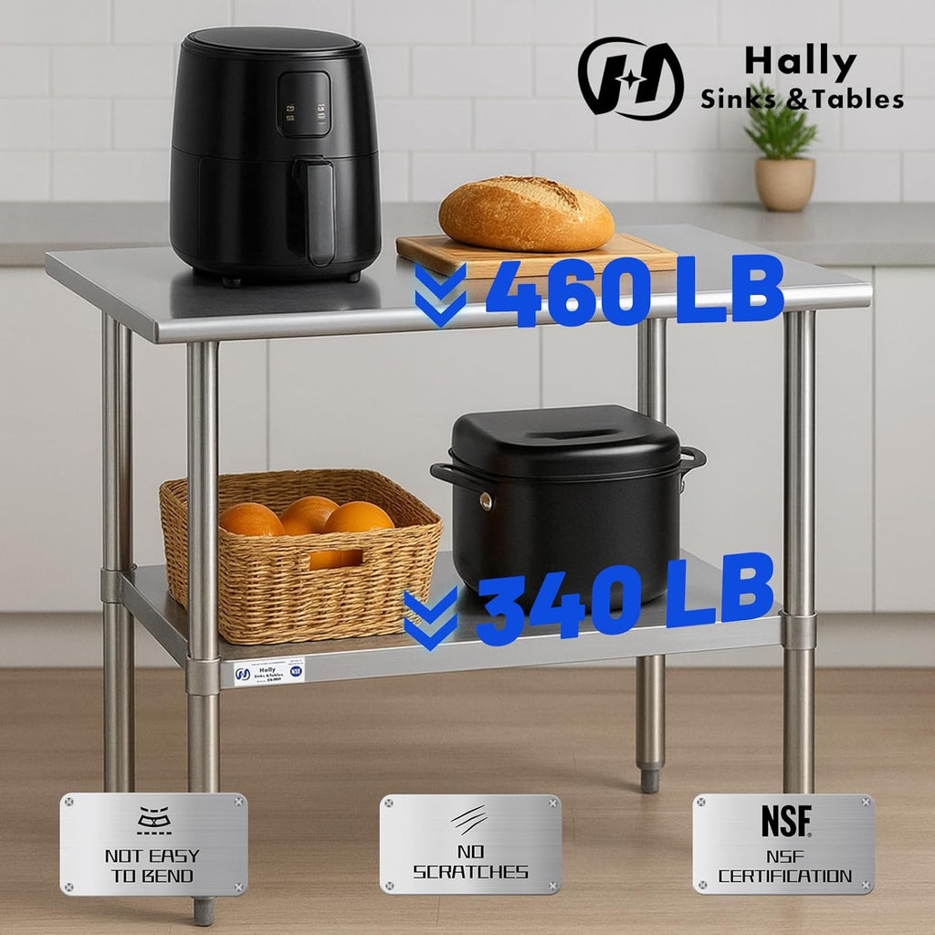 Hally Stainless Steel Table for Prep & Work 24 x 48 Inches, NSF Commercial Heavy Duty Table with Undershelf and Galvanized Legs for Restaurant, Home and Hotel