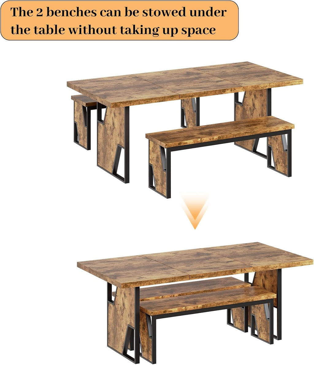 HIPIHOM 70.8' Wooden Dining Table with 2 Benches, Modern Kitchen Table and Chairs Set for 4-6 Person, Thickened MDF Wooden Table with Dining Bench for Living Dining Room, Kitchen, Office