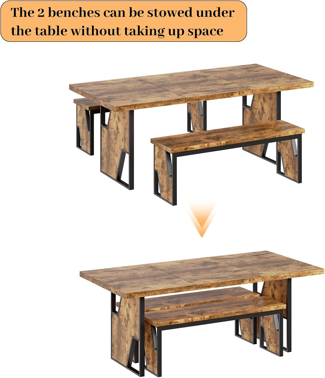 HIPIHOM 70.8' Wooden Dining Table with 2 Benches, Modern Kitchen Table and Chairs Set for 4-6 Person, Thickened MDF Wooden Table with Dining Bench for Living Dining Room, Kitchen, Office