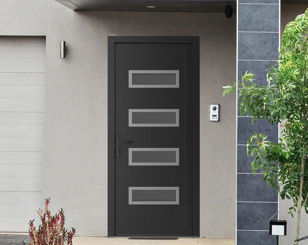 VDOMDOORS Front Exterior Prehung Metal-Plastic Door Mirrored-Clear Glass | Manux 8113 Matte Black | Residential Doors Entrance Patio Garage W32 x H80 Right-Inswing