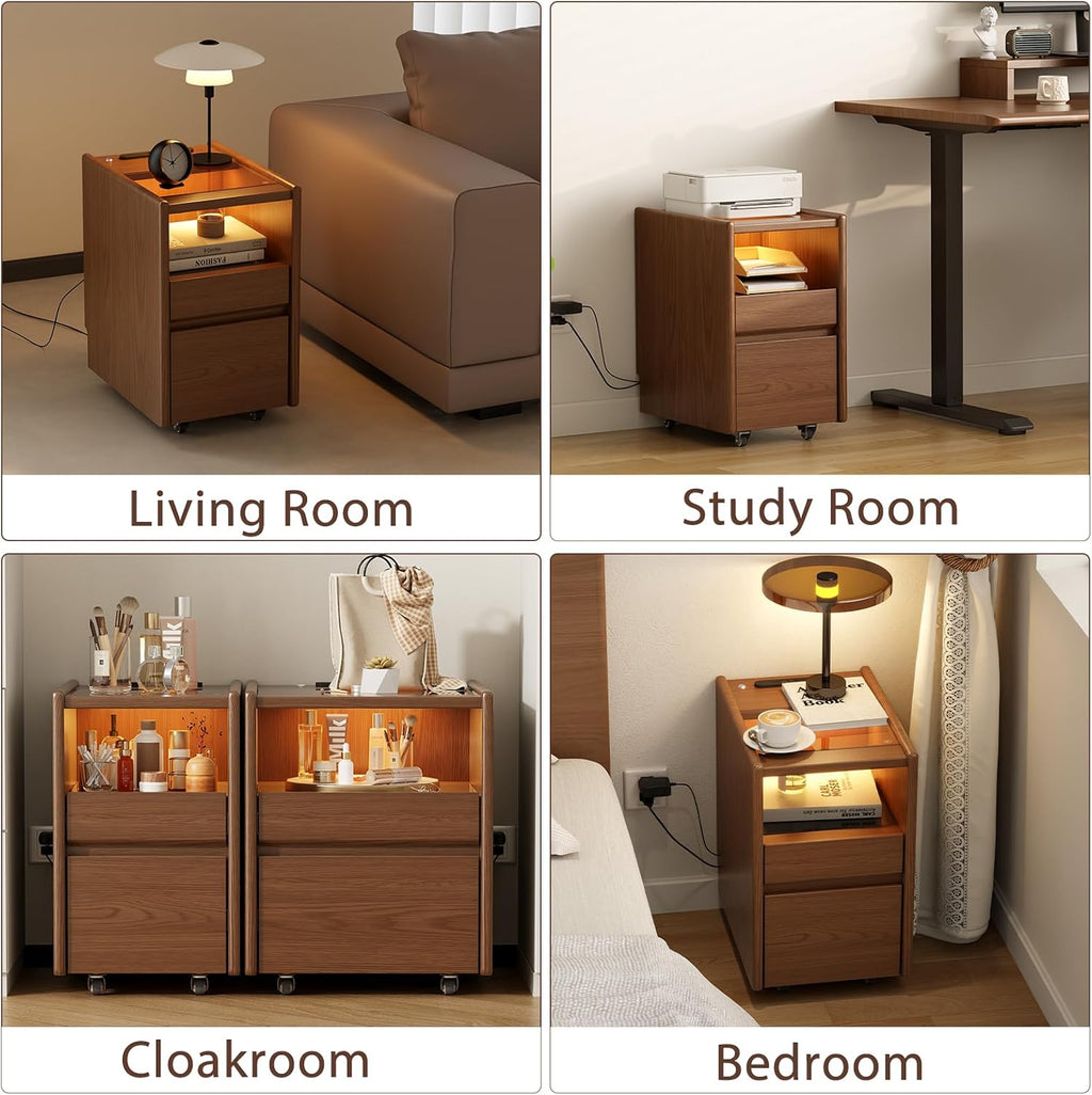 Walnut Nightstand,LED Nightstand with Charging Station,Narrow Bedside Table with Jewelry Box,Small Night Stand with Wheels,Modern Night Stand for Bedroom,Living Room,Dressing Room