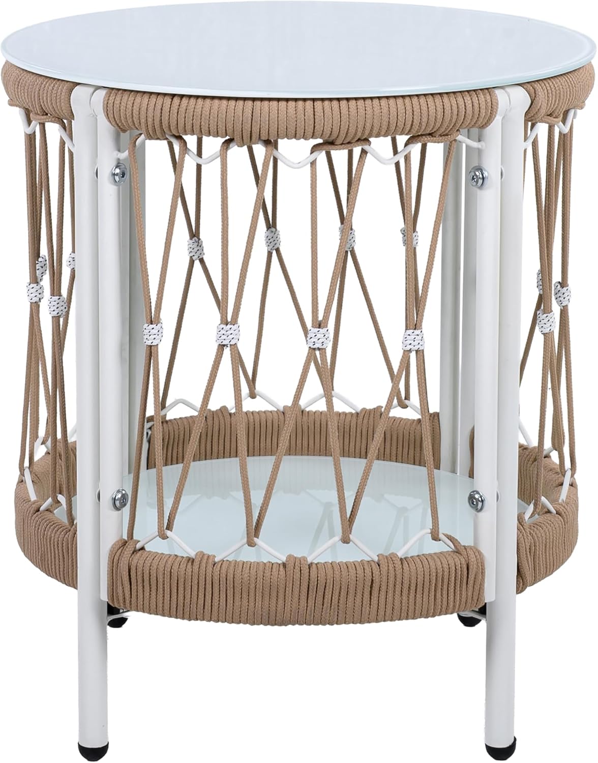 Christopher Knight Home Packy Bohemian Outdoor Side Table with Storage Shelf, Glass Top Small Patio Round Coffee Table, Sofa End Table for Patio Furniture Set with Metal Frame, White+Beige