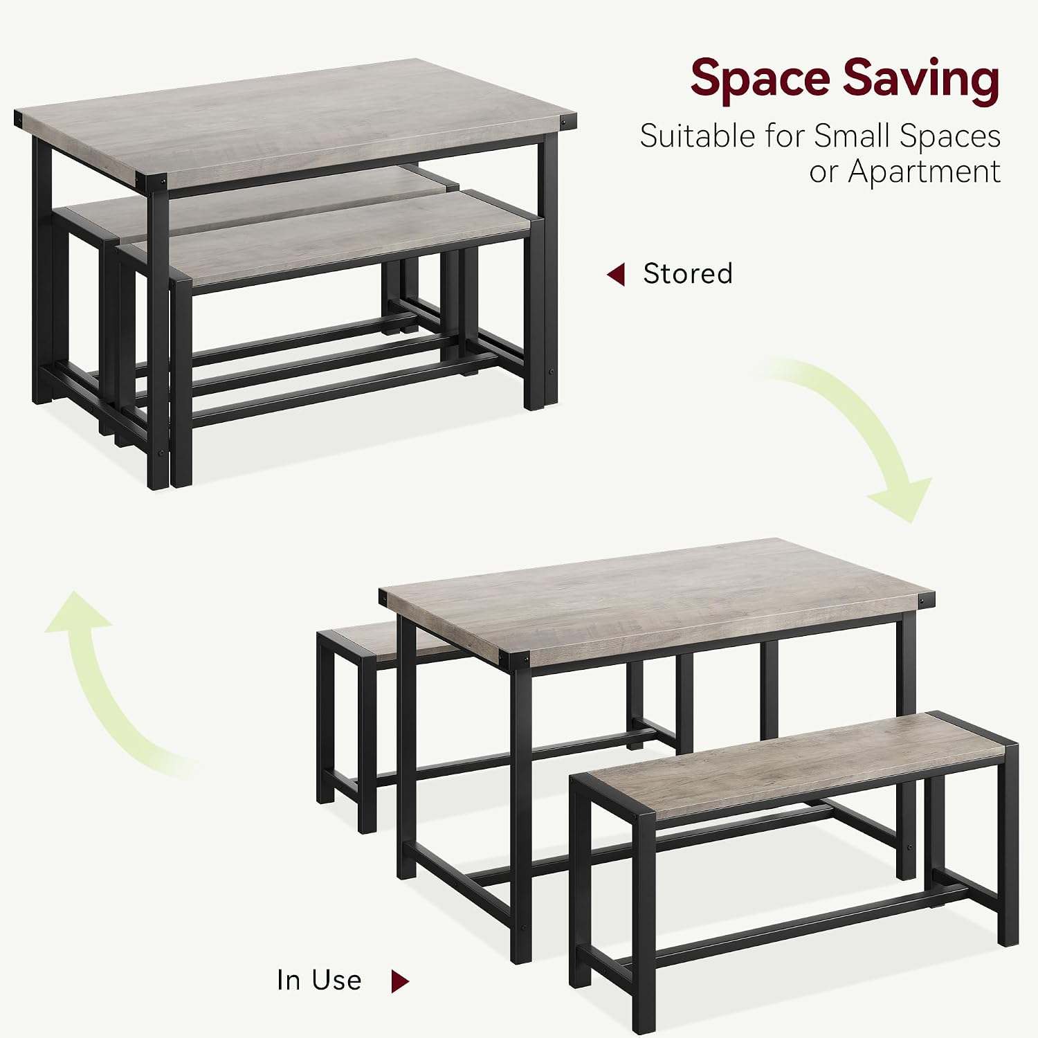 IDEALHOUSE Dining Table Set for 4, Kitchen Table with Benches, Rectangular Dining Room Table Set with 2 Metal Wood Benches, 3 Piece Dining Table Set for Small Space, Apartment, Dinette, Retro Gray