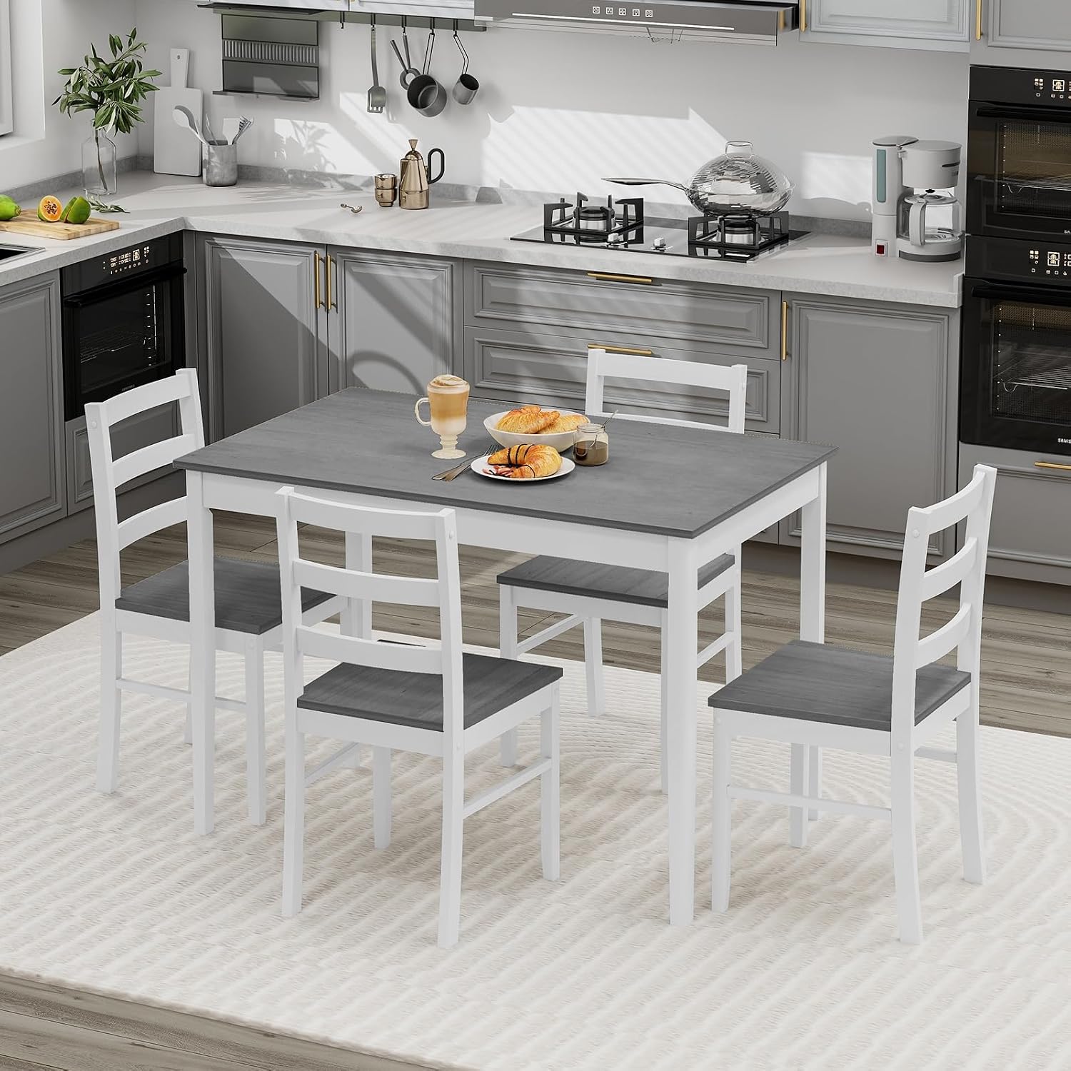 Giantex 5-Piece Dining Table Set for 4, 45' Rectangular Kitchen Table and Chairs Set with Solid Rubber Wood Legs, Space Saving Dinette Set for Small Space, Breakfast Nook, Restaurant (Grey)