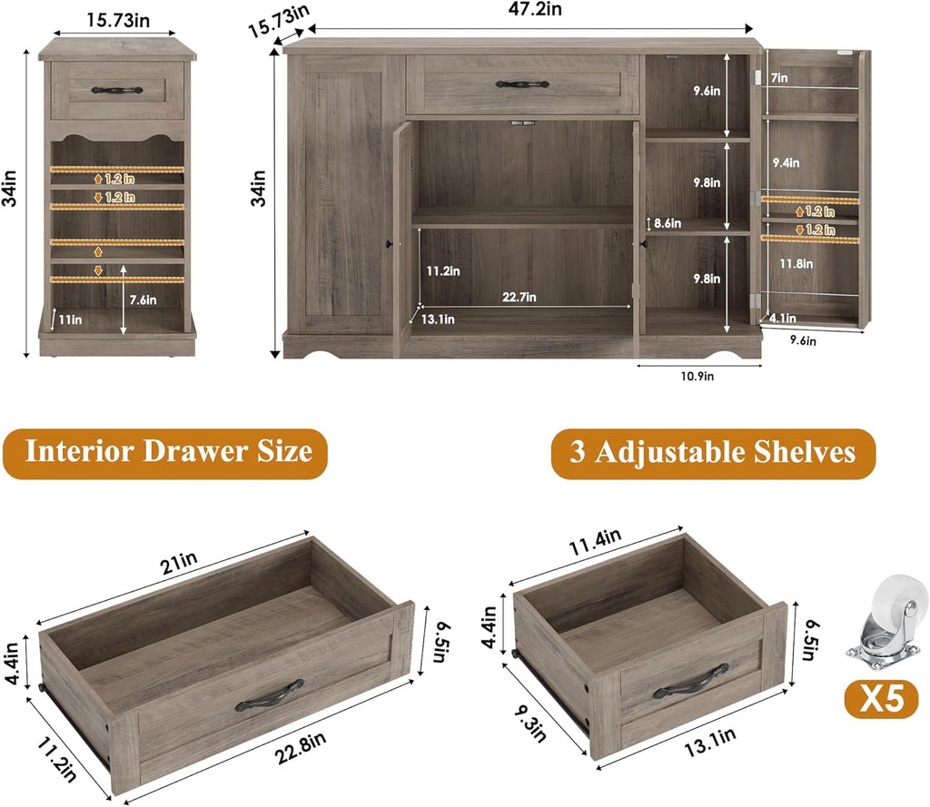 HOSTACK Kitchen Island Cart with Storage, 47'' Kitchen Storage Island on Wheels with 2 Drawers, Rolling Island Table with Adjustable Shelves, Mobile Buffet Sideboard Cabinet for Dining Room, Ash Gray