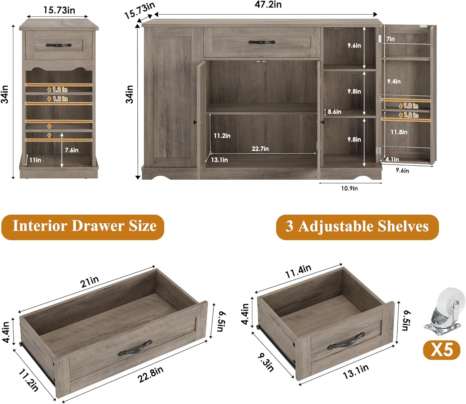 HOSTACK Kitchen Island Cart with Storage, 47'' Kitchen Storage Island on Wheels with 2 Drawers, Rolling Island Table with Adjustable Shelves, Mobile Buffet Sideboard Cabinet for Dining Room, Ash Gray
