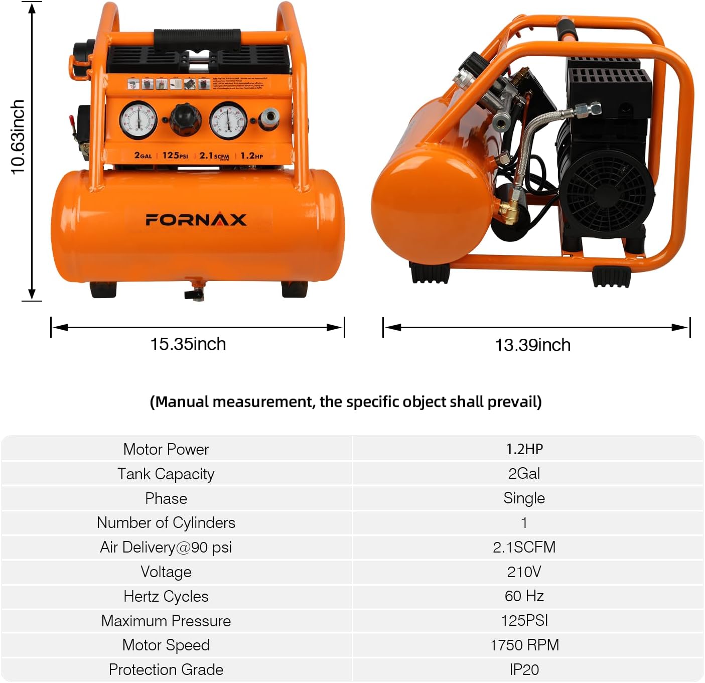 FORNAX Air Compressor Portable 2 Gallon, 1.2 HP 2.1 SCFM@ 90 PSI Oil Free, Max Pressure 135 PSI, 65 dB Silent Air Compressor for Auto Repair, Tire Inflation, Airbrushing, Nailing