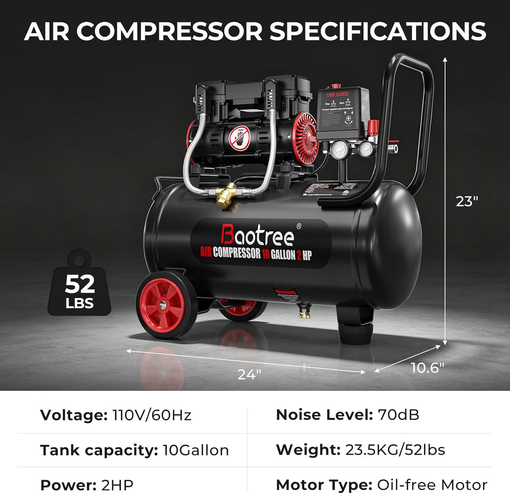 10 Gallon Ultra Quiet Air Compressor with Two Quick Couplers, 2HP MAX 115PSI Oil-Free Air Compressor Steel Tanks, 70dB Air Compressor with Wheels for Spray Painting, Auto Repair, Woodwork Nailing