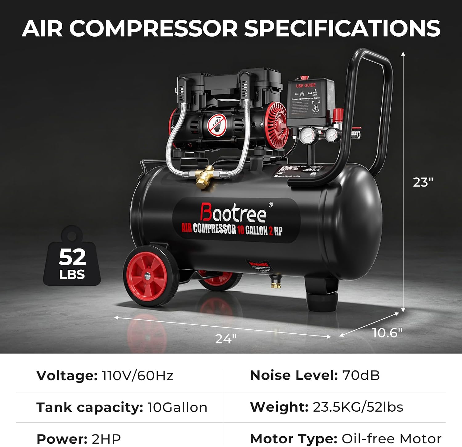 10 Gallon Ultra Quiet Air Compressor with Two Quick Couplers, 2HP MAX 115PSI Oil-Free Air Compressor Steel Tanks, 70dB Air Compressor with Wheels for Spray Painting, Auto Repair, Woodwork Nailing