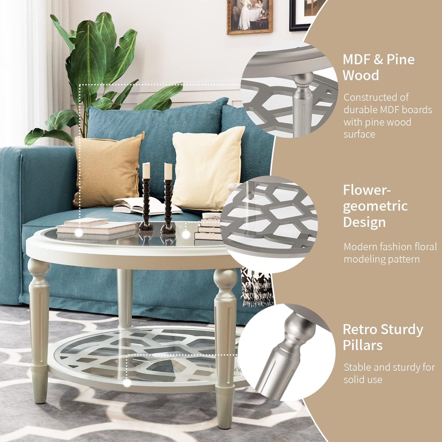 SUNBURY Glass Coffee Table, 32' Round Coffee Table, Glass Side Table, Lightweight Accent End Table for Living Room, Bedroom, Dinning
