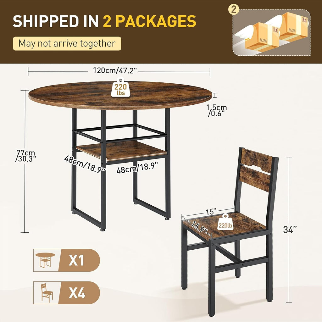 RALGEND 47.2' Round Dining Table Set for 4, Circle Kitchen Table and 4 Chairs, 5 piece Dining Table Set, with Wooden Tabletop and Widen Seat, Space Saving, for Dining Room, Rustic Brown and Black