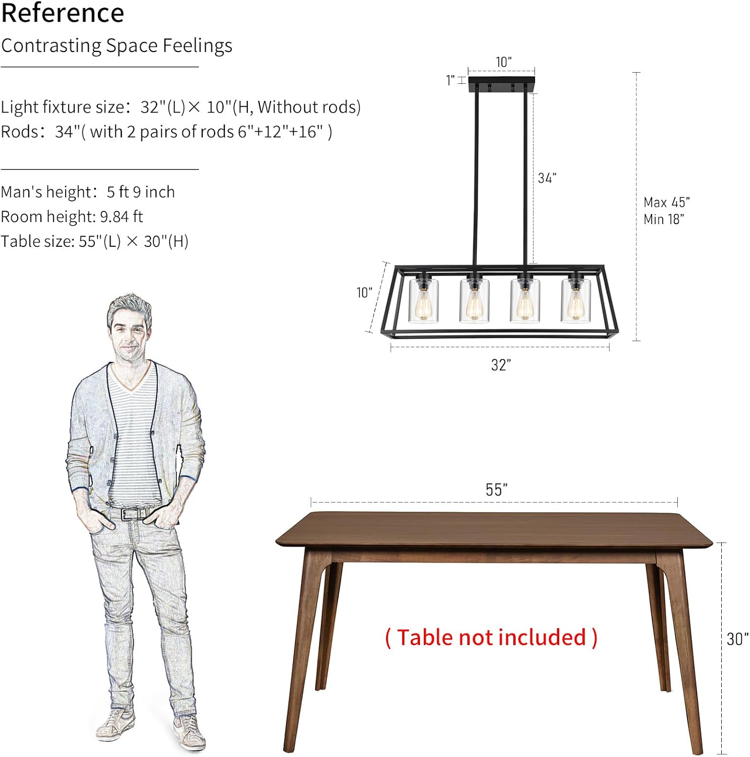 Black Farmhouse Chandeliers for Dining Room, Rustic Kitchen Island Light Fixture, 4-Lighting Linear Pendant Lamp Kitchen Island with Glass Shade ，Apply to Dining Room Light fixtures Over Table