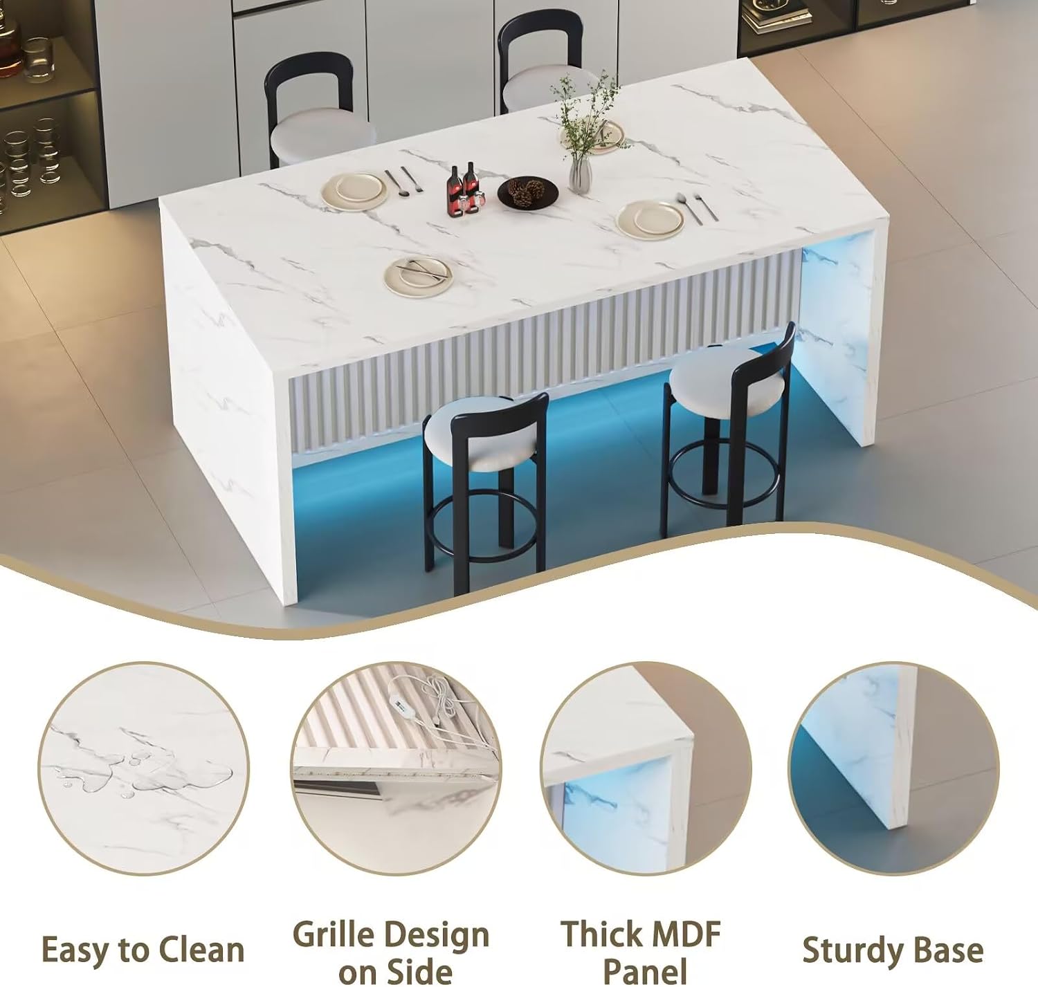 71'' Large Faux Marble Dining Table for 6 People, 37.4''H Tall Modern Kitchen Island with LED Lights, Rectangle Kitchen Dining Table for Home