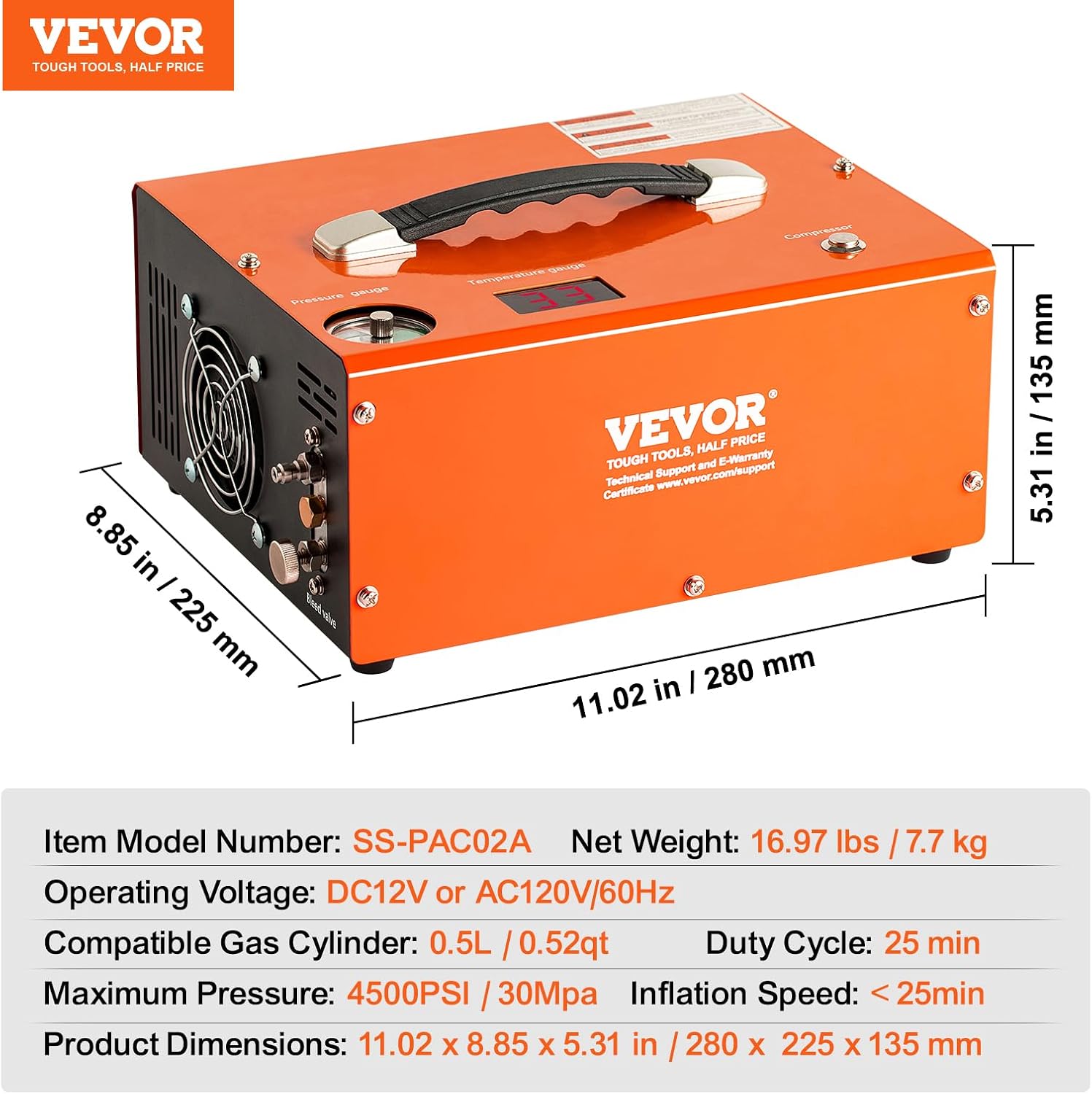 VEVOR PCP Air Compressor, 4500PSI Portable PCP Airgun Compressor with Built-in Converter, Auto-Stop | DC12V/AC120V | Oil & Water-Free Paintball Tank Compressor Pump for Air Rifle, Scuba Diving Bottle