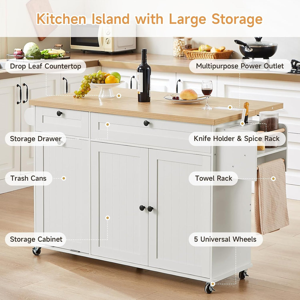 60' Kitchen Island with Power Outlet & Drop Leaf, Kitchen Rolling Island with Spice Rack & Towel Rack, Knife Holder, Kitchen Island Cart with Trash Storage Cabinet, Mobile Island Table for Kitchen