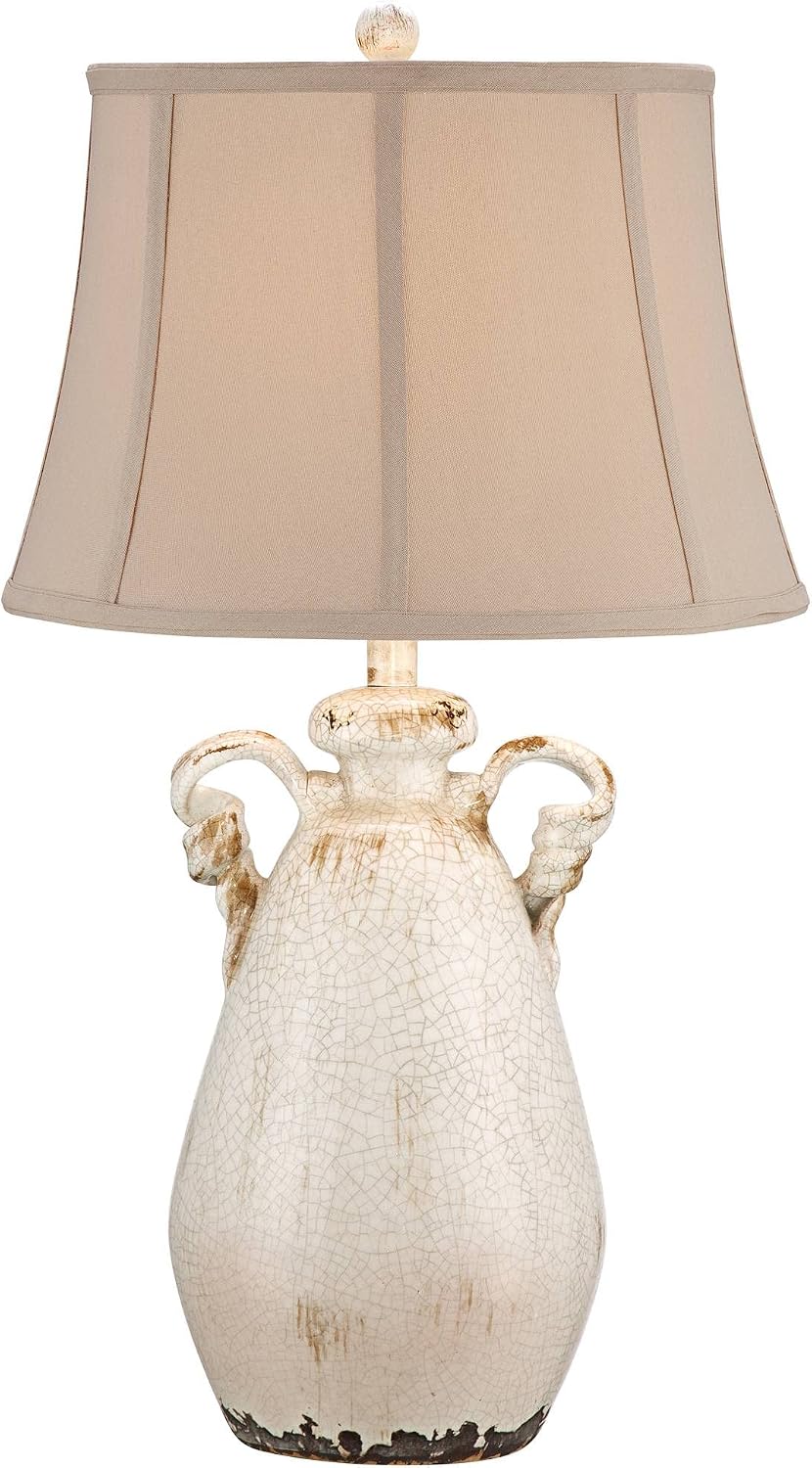 Regency Hill Isabella Rustic Country Cottage Core Table Lamp 27' Tall with Dimmer and USB Charging Port Ivory Crackled Ceramic Beige Bell Shade for Bedroom Living Room House Home Bedside Nightstand