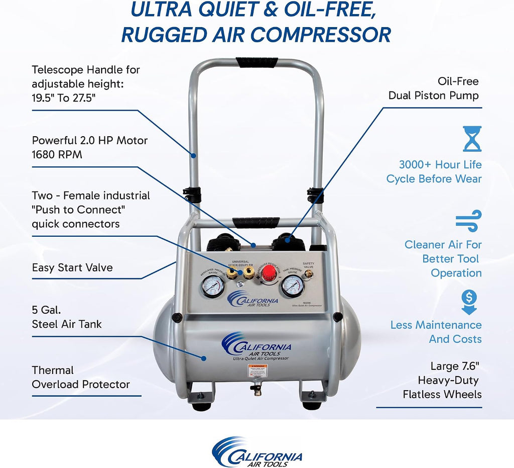 California Air Tools 5020W Powerful 2.0 HP Ultra Quiet and Oil-Free Air Compressor with Wheels and Telescope Handle, 5 Gallon Tank Capacity, 70 dB Noise Level, Electric, Portable