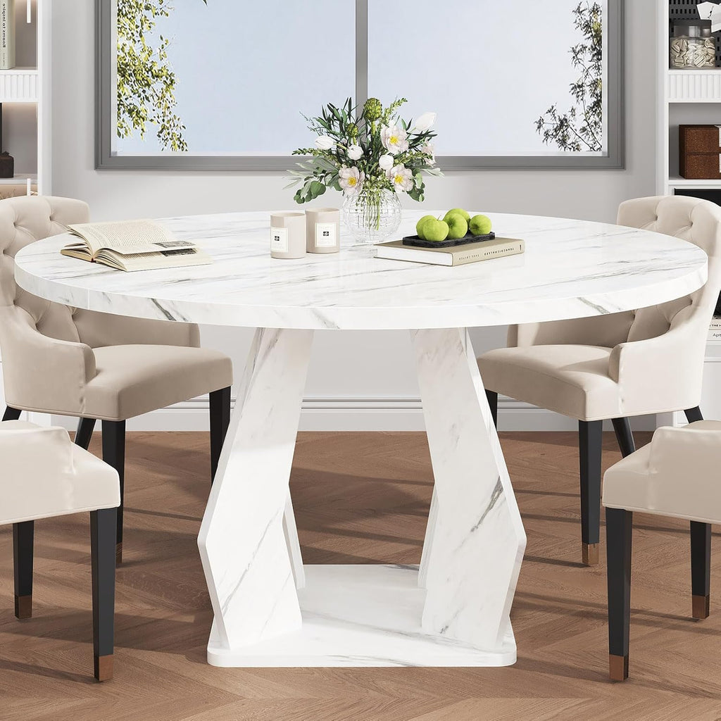 IBF Round Marble Dining Table,Dinner Tables for Kitchen 4-6,47 Inch Modern Pedestal Dining Room Table for Kitchen,Office,Living Room,White Marble