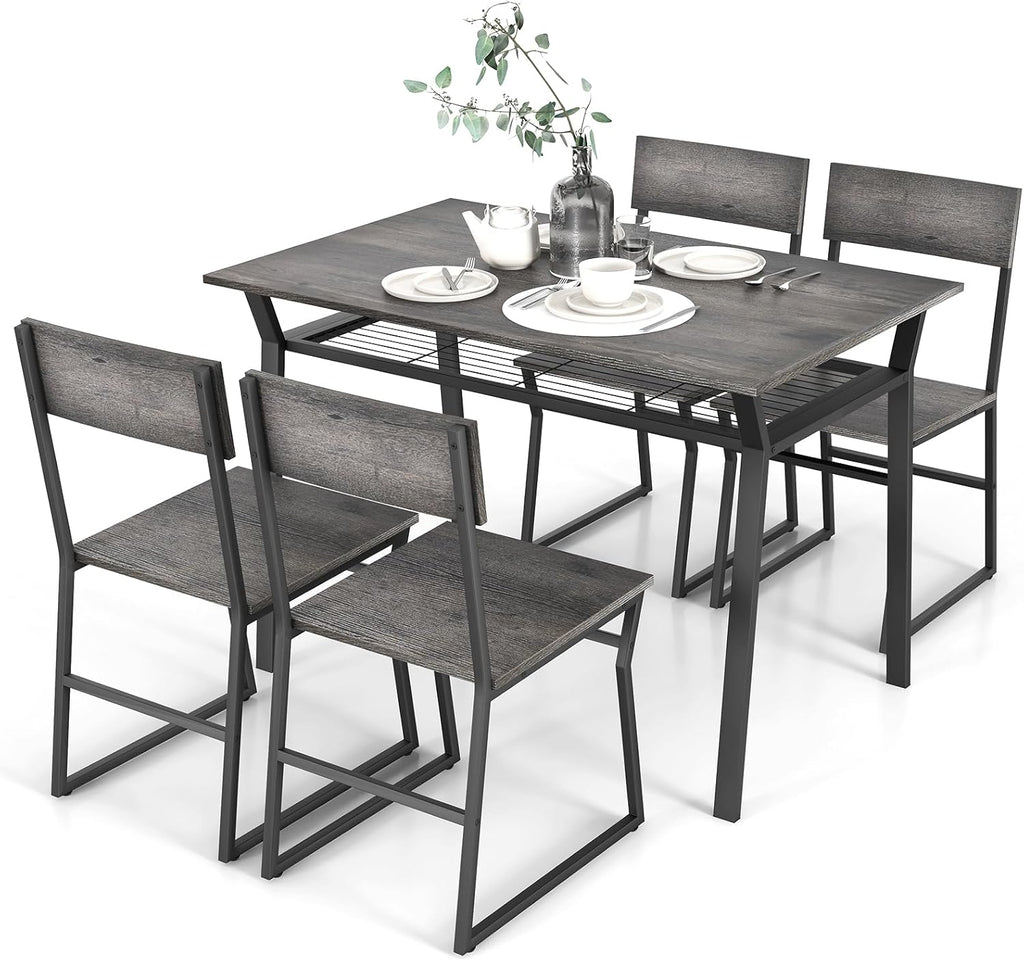 Giantex Dining Table Set for 4, 47'L x 28'W Rectangular Kitchen Table w/ 4 Trapezoid Chairs, Reinforced Metal Frame & Storage Rack, Industrial Space-Saving Dinette Set for Kitchen Dining Room (Grey)
