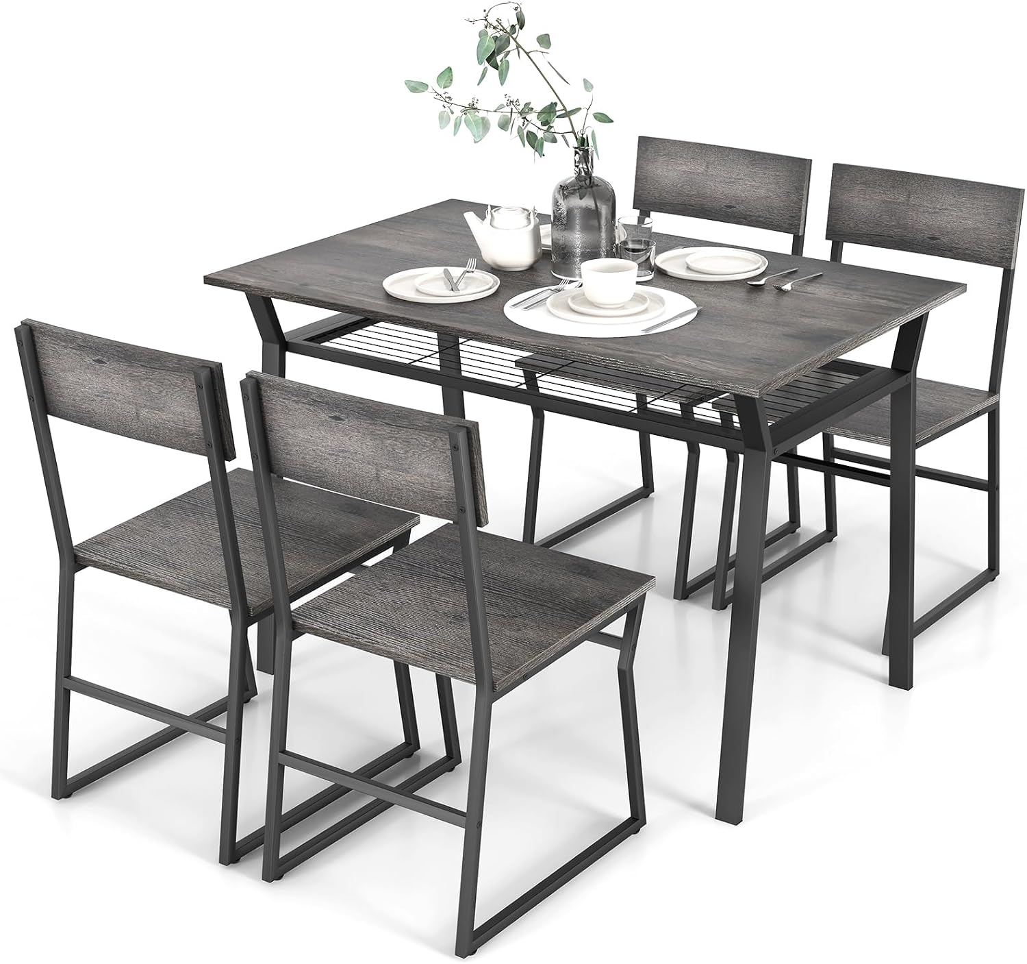 Giantex Dining Table Set for 4, 47'L x 28'W Rectangular Kitchen Table w/ 4 Trapezoid Chairs, Reinforced Metal Frame & Storage Rack, Industrial Space-Saving Dinette Set for Kitchen Dining Room (Grey)