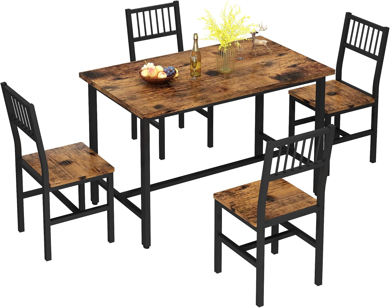 AWQM 43.3 Inch Dining Table Set for 4,Industrial Table with 4 Curved Chairs Set,5-Piece Rectangular Kitchen Table Set for Dining Room,Breakfast Nook,Small Space