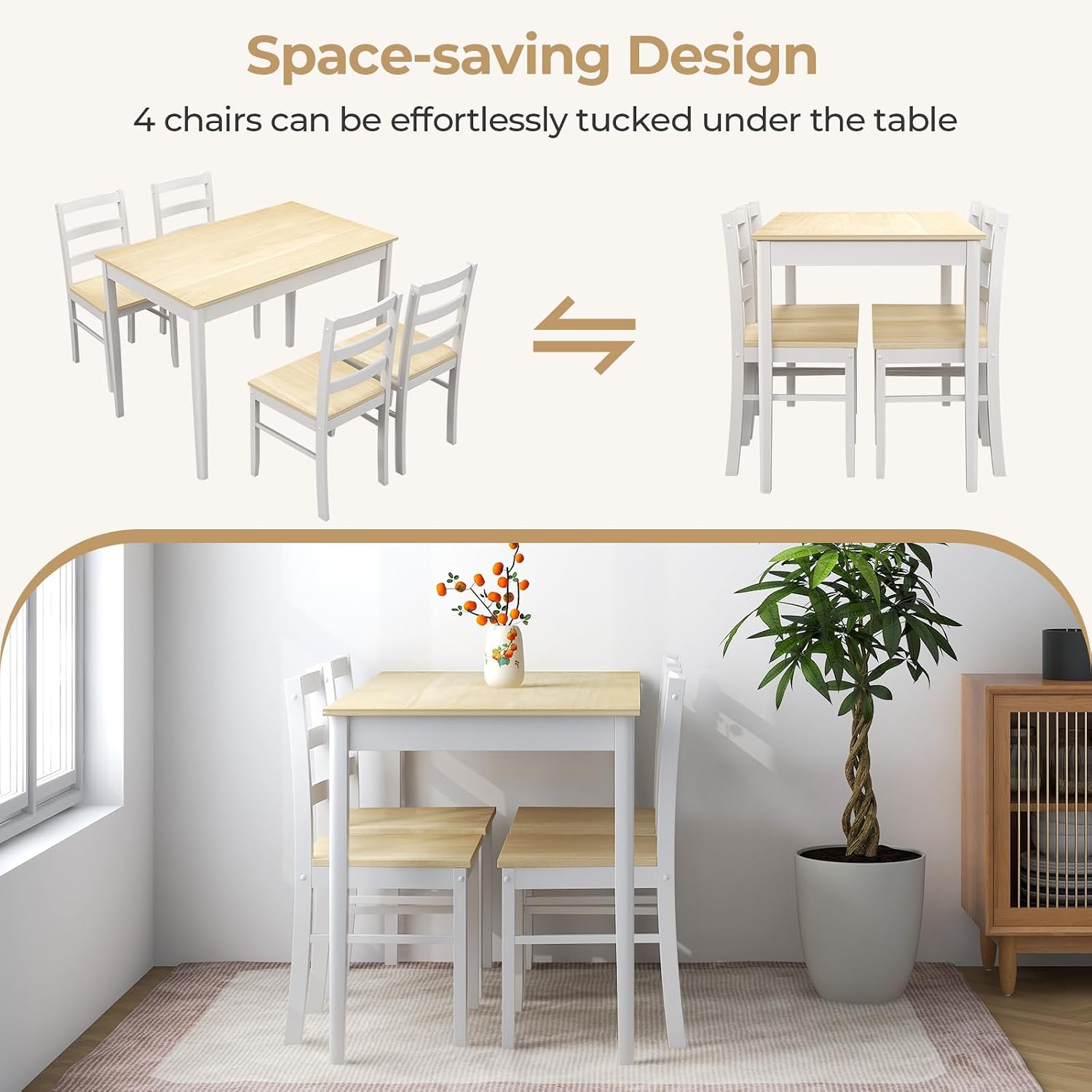 Giantex 5-Piece Dining Table Set for 4, 45' Rectangular Kitchen Table and Chairs Set with Solid Rubber Wood Legs, Space Saving Dinette Set for Small Space, Breakfast Nook, Restaurant (Beige)