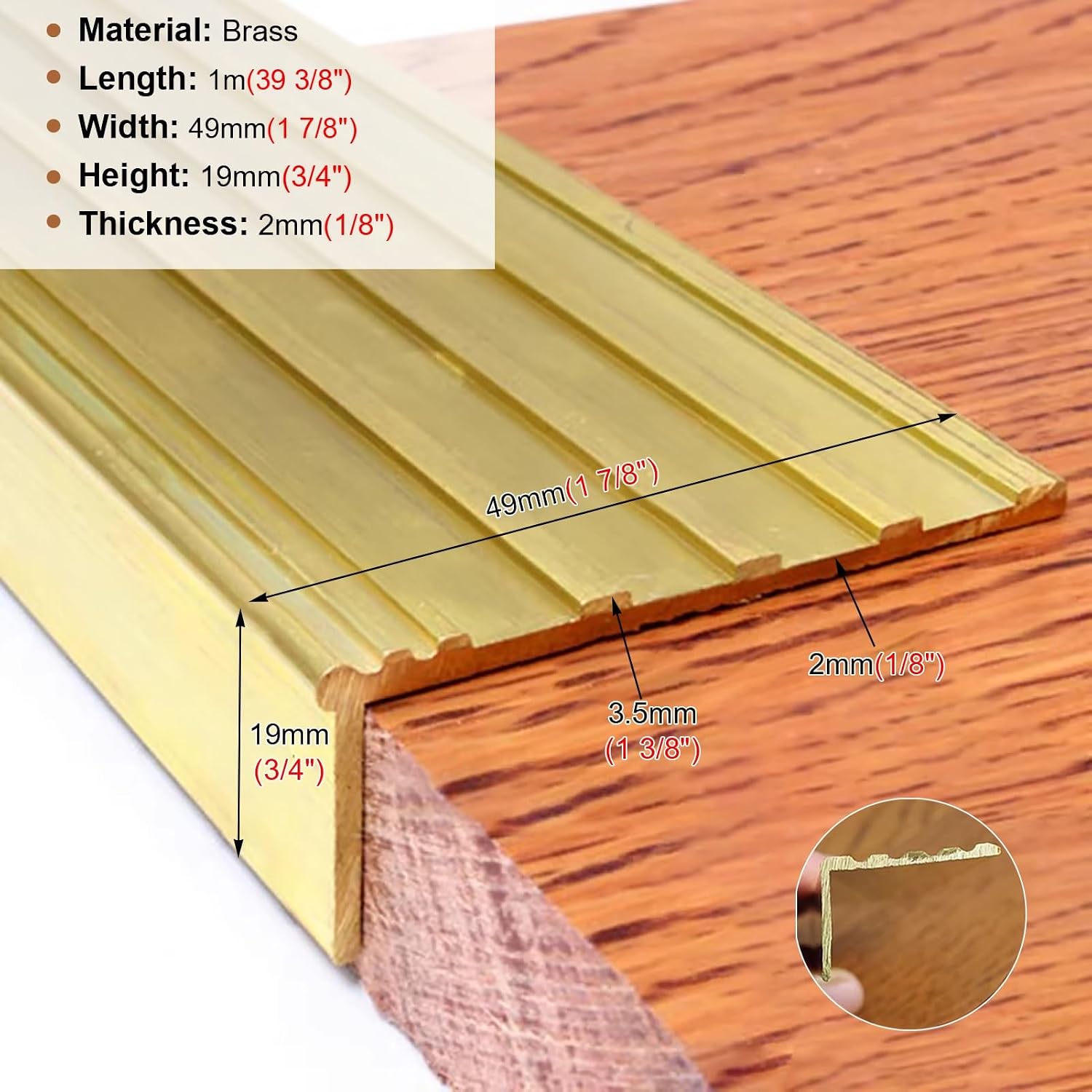 Non-Slip Stair Edge Protector Solid Brass, L Molding Stair Nosing Strips for Stair Step Exterior, Floor Transition Strip Edge Guard for Tile/Wood(49x19mm(1 7/8' x3/4'))