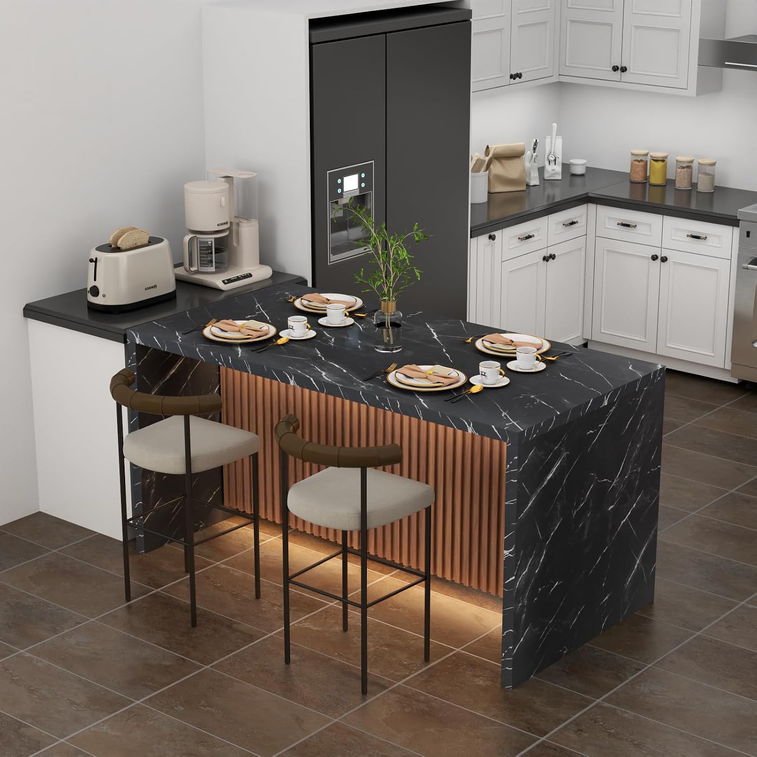 63' Large Imitation Marble Dining Table for 4-6 People(Patent Pending),Island Table with LED Lights,Mordern Marble Stripes Kitchen Dining Table with Grille design for Dining Room,Living Room (Black)