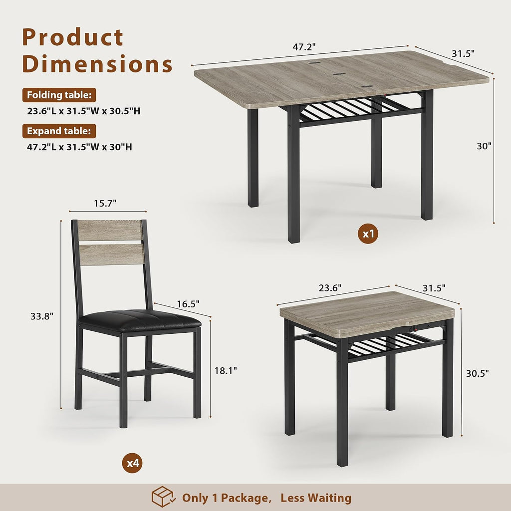 MapleGrace Dining Table Set for 4, Extendable Kitchen Table with 4 PU Leather Upholstered Dining Room Chairs, Wood Kitchen Table Set with Built-in Storage Rack for Dining & Small Spaces, Grey