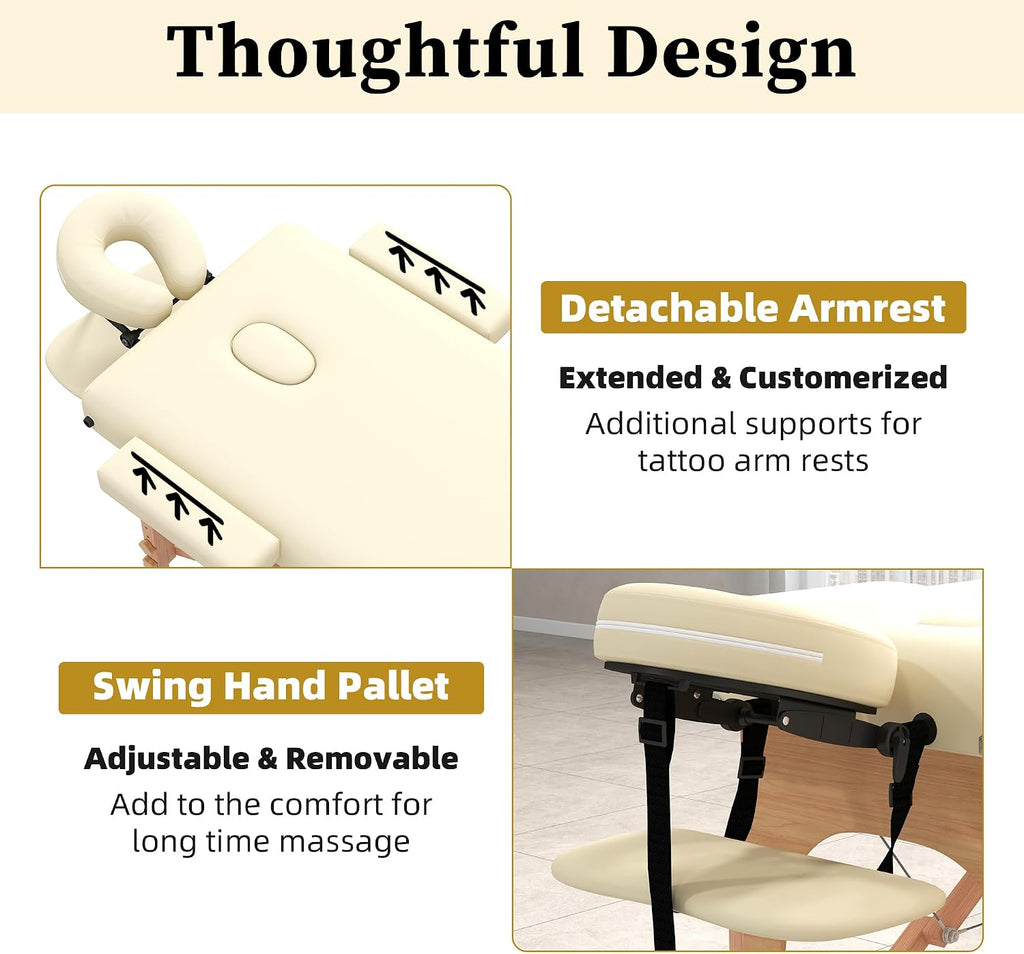 civama Massage Table Massage Bed Portable, 29 LBs Light Weight Foldable Tattoo Facial Care Spa Lash Bed Aluminum Frame with Accessories Carrying Bag, Beige