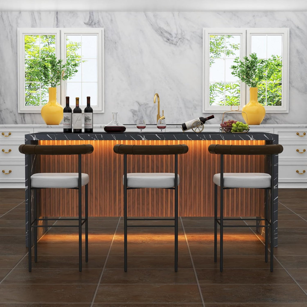 71' Large Imitation Marble Dining Table for 4-6 People, Island Table with LED Lights, Mordern Marble Stripes Kitchen Dining Table with Grille design for Dining Room, Home, Living Room (black)