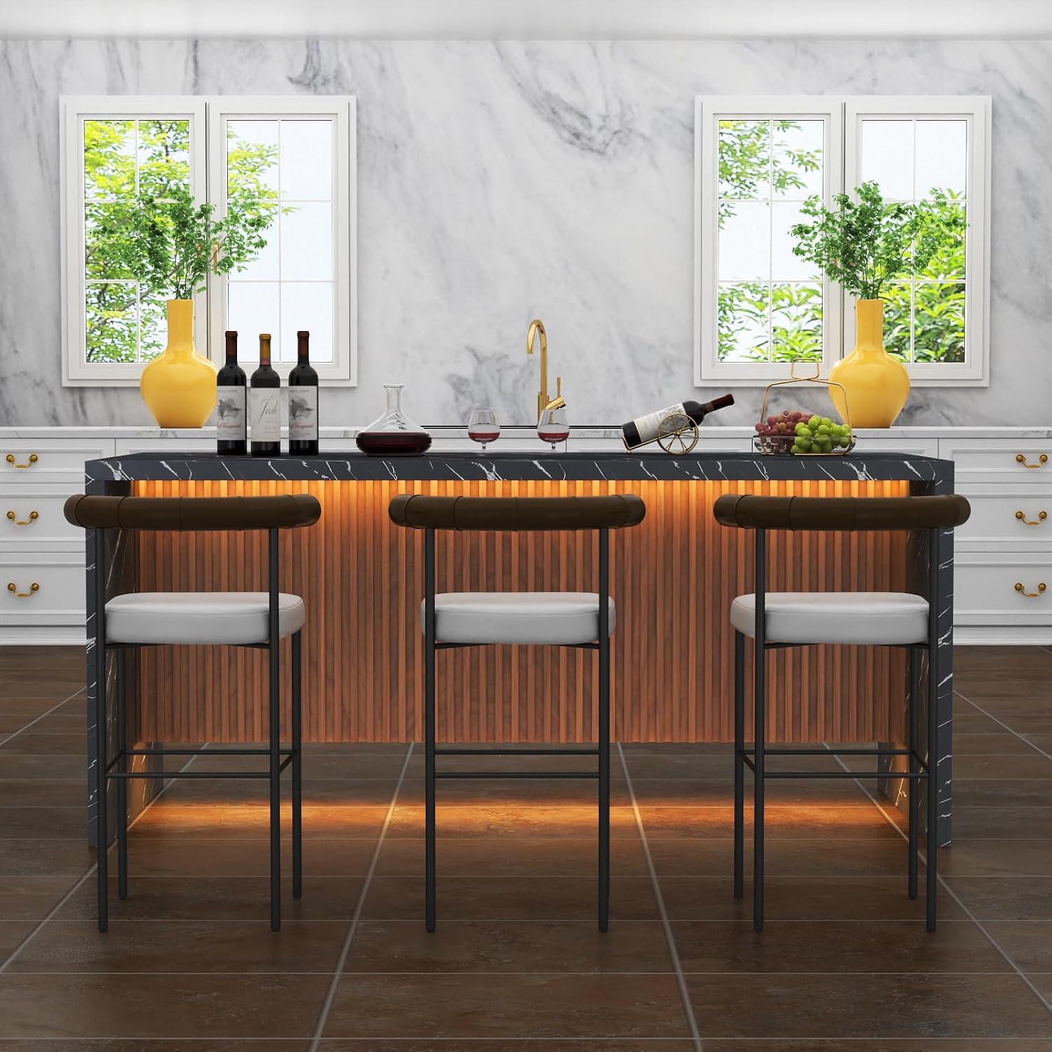 71' Large Imitation Marble Dining Table for 4-6 People, Island Table with LED Lights, Mordern Marble Stripes Kitchen Dining Table with Grille design for Dining Room, Home, Living Room (black)