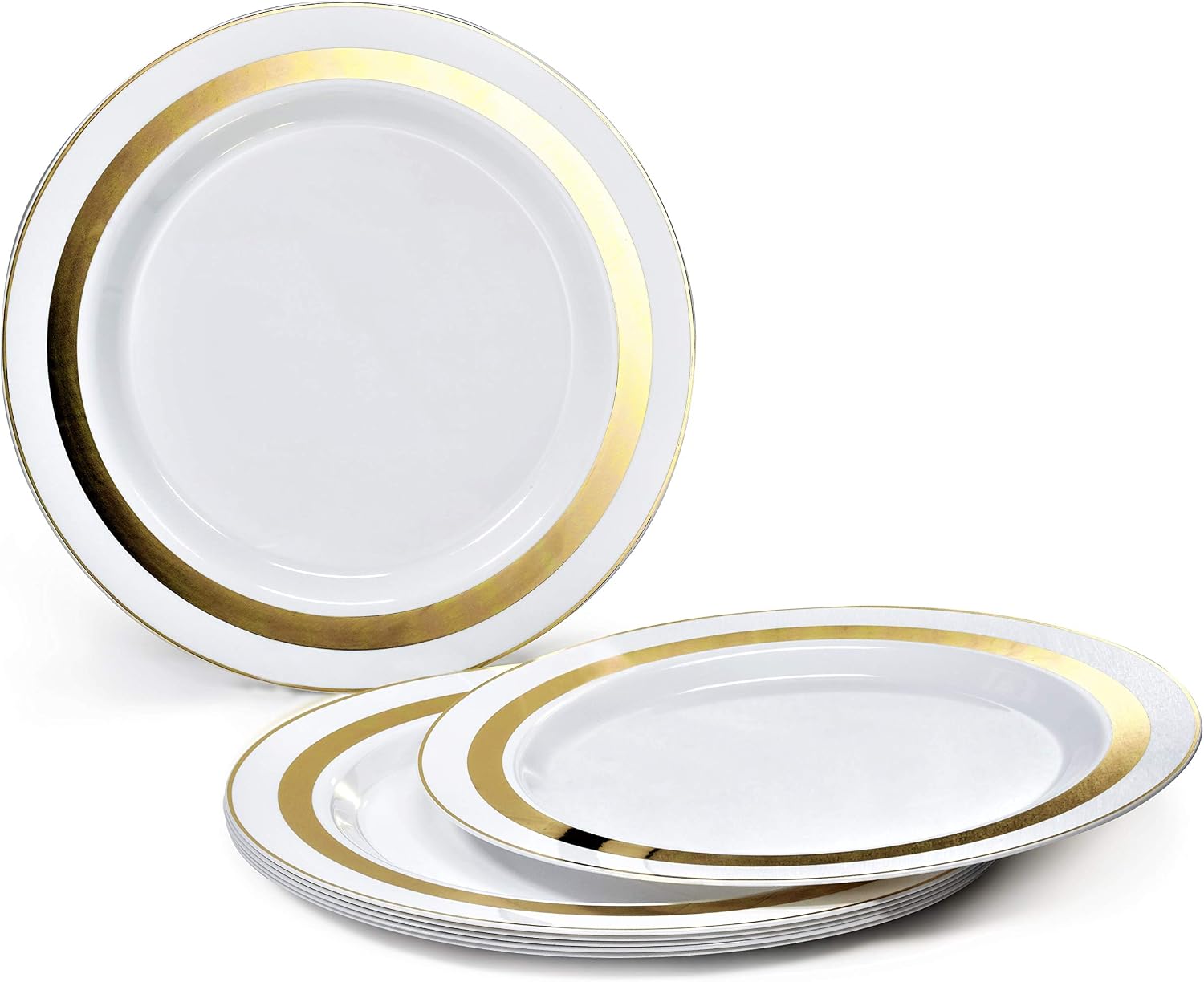 ' OCCASIONS ' 840pcs set (120 Guests)-Heavyweight Wedding Party Disposable Plastic Plate Set-120 x 10.5'' + 120 x 6.25'' + Gold Silverware + Cups + Napkins (Soleil White & Gold)